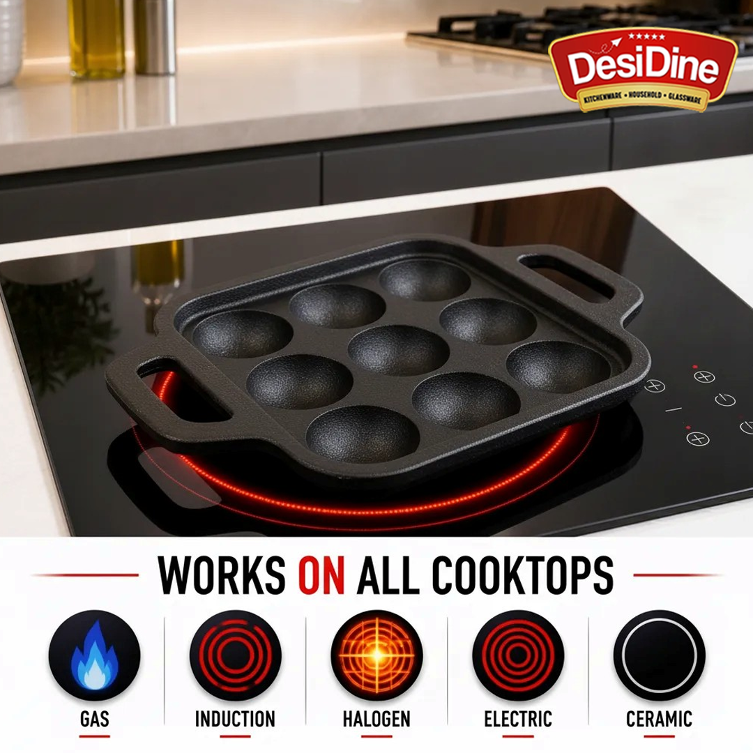 DesiDine Preseasoned Cast Iron 9 Pit Paniyaram/Appam Pan (20 cm)