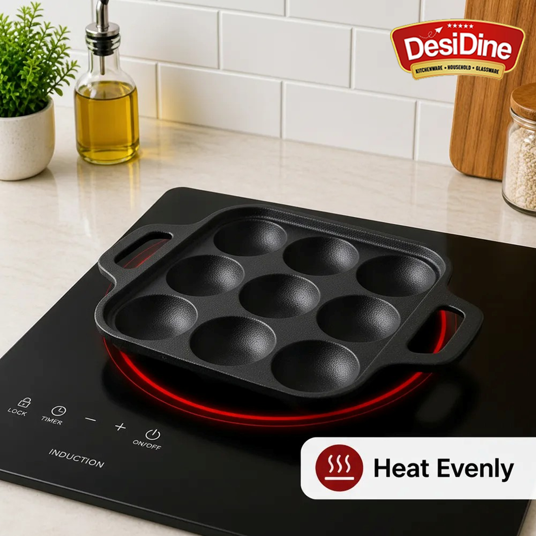 DesiDine Preseasoned Cast Iron 9 Pit Paniyaram/Appam Pan (20 cm)