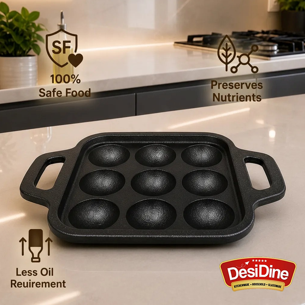 DesiDine Preseasoned Cast Iron 9 Pit Paniyaram/Appam Pan (20 cm)