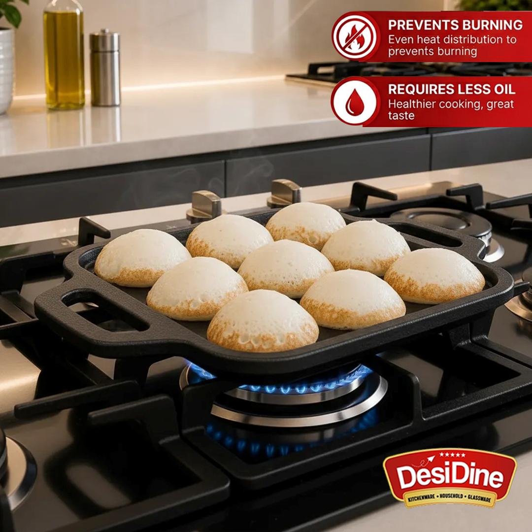 DesiDine Preseasoned Cast Iron 9 Pit Paniyaram/Appam Pan (20 cm)