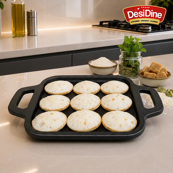 DesiDine Preseasoned Cast Iron 9 Pit Paniyaram/Appam Pan (20 cm)