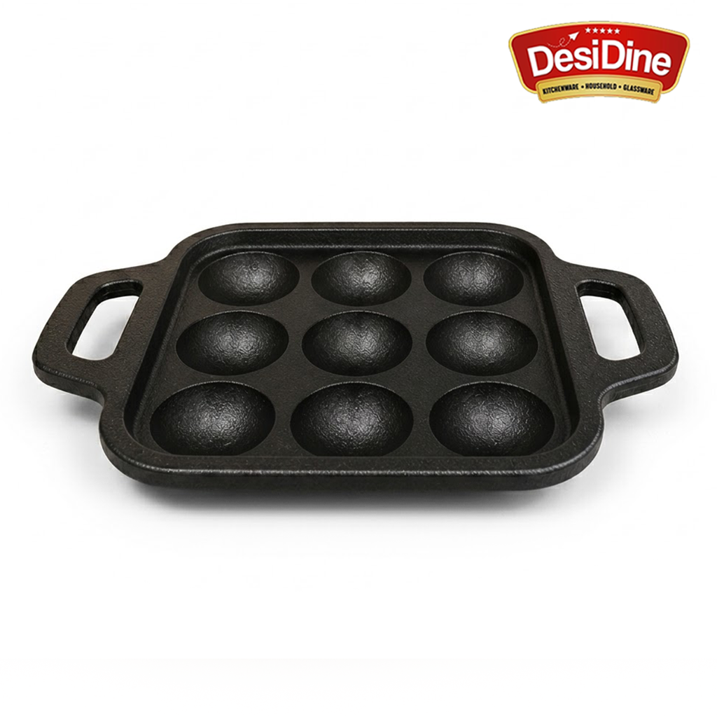 DesiDine Preseasoned Cast Iron 9 Pit Paniyaram/Appam Pan (20 cm)