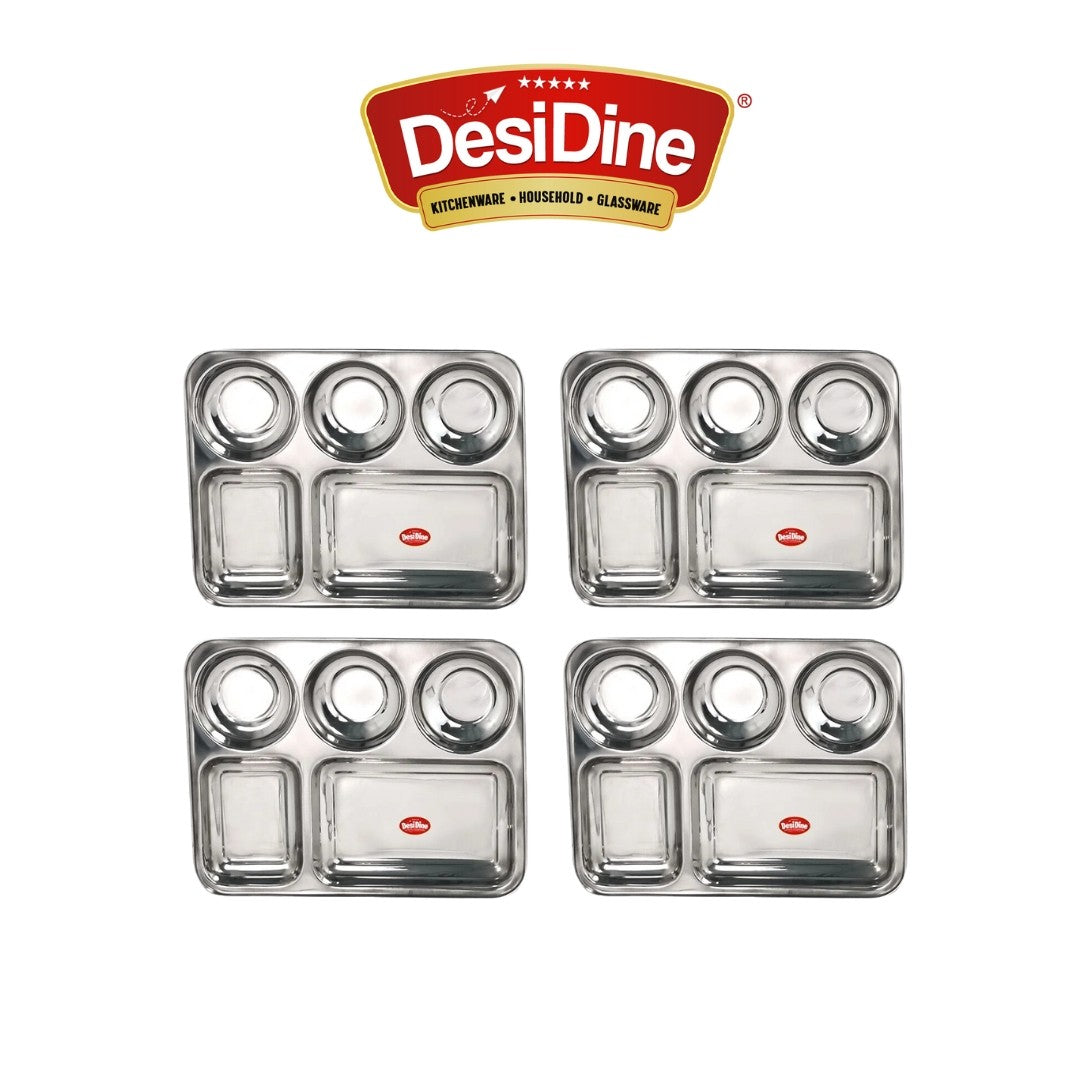 DesiDine Stainless Steel Plates with 5 In1 Compartments Bhojan Thalis