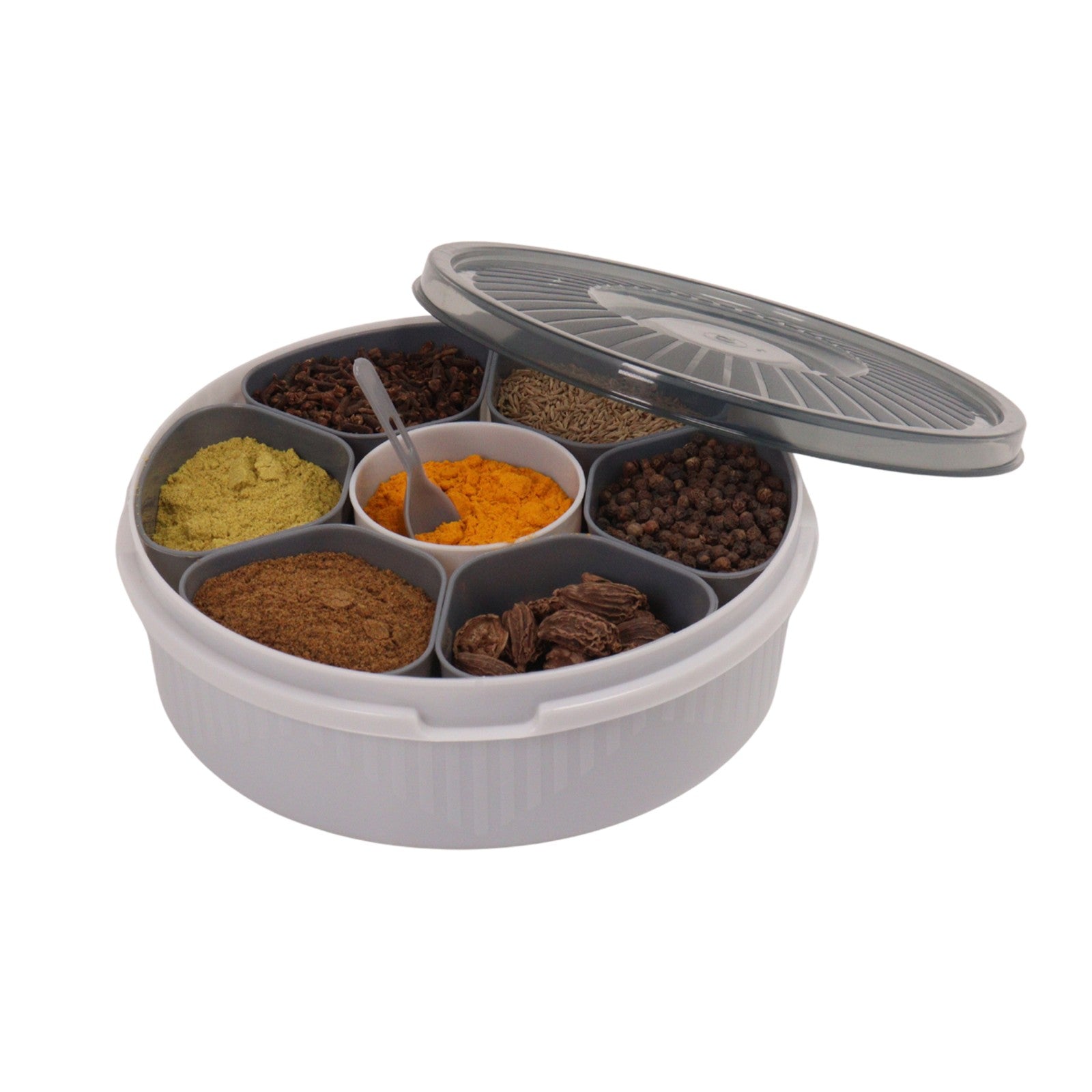 DesiDine Multipurpose Round  Plastic Masala Box With 7 Section With 1 Spoon