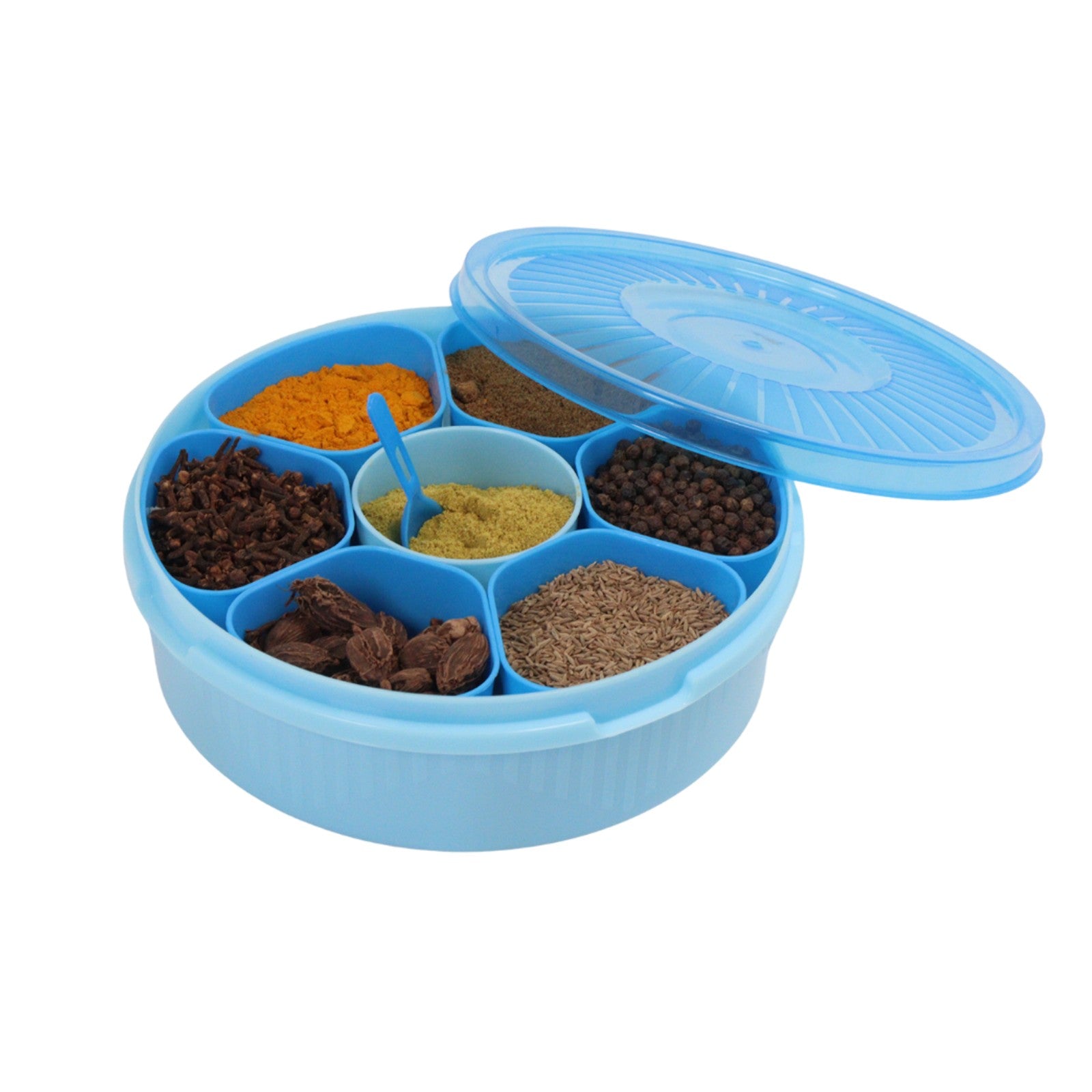 DesiDine Multipurpose Round  Plastic Masala Box With 7 Section With 1 Spoon