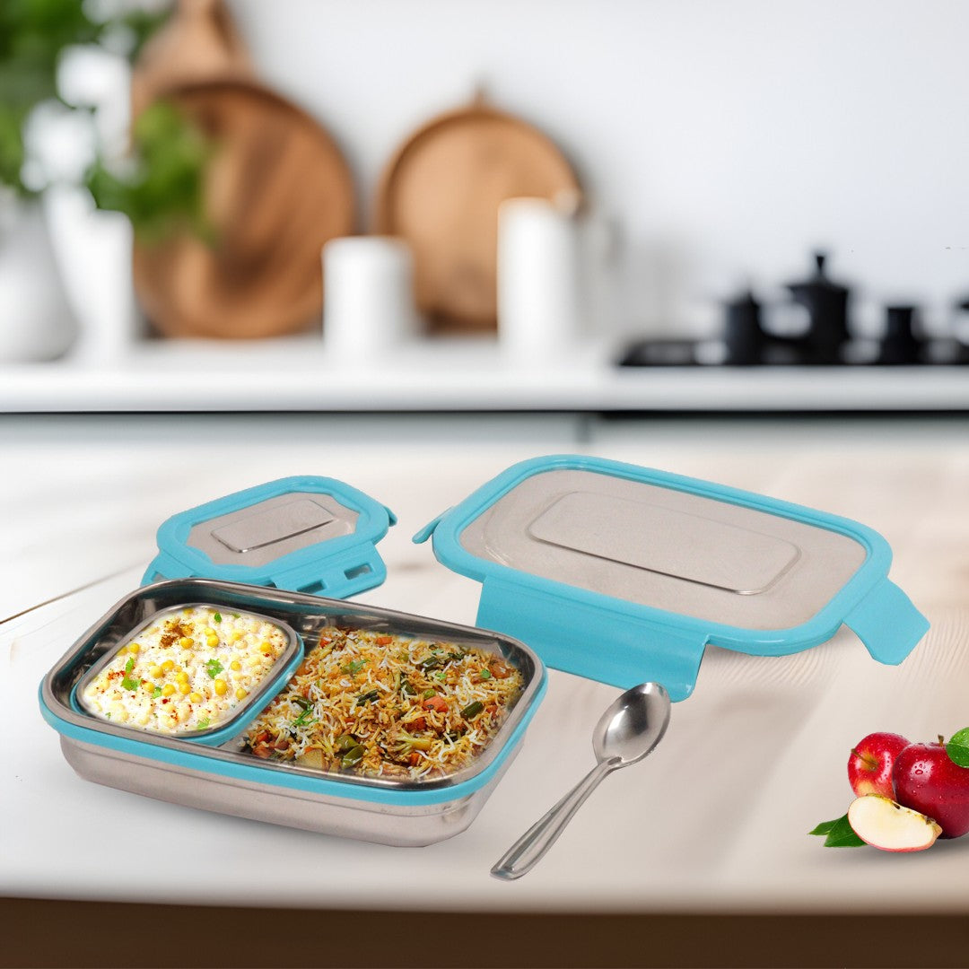 DesiDine Stainless Steel Lunch Box with 1 Small Container & 1 Spoon Ideal for Office, School, Picnic