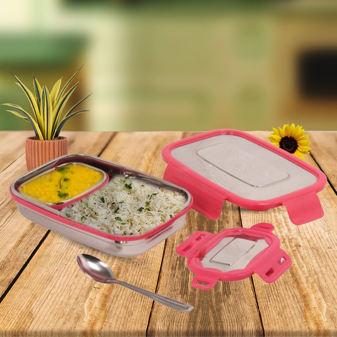 DesiDine Stainless Steel Lunch Box with 1 Small Container & 1 Spoon Ideal for Office, School, Picnic